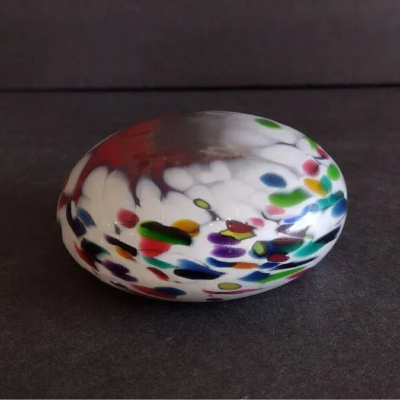 Vintage Signed 1996 Hand Blown Art Glass Paperweight Millefiori Rainbow Confetti